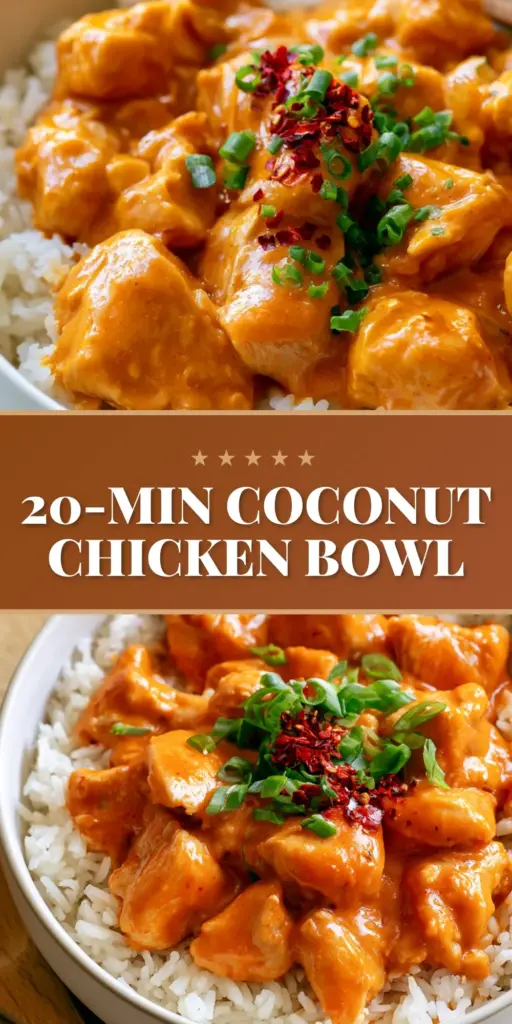 Coconut Chicken Rice Bowl: The Ultimate Creamy and Golden Pan-Seared Guide 4 A high-angle 45-degree close-up shot of a gourmet Coconut Chicken Rice Bowl in a matte-grey ceramic bowl featuring charred chicken cubes, thick pale-orange sauce, and fresh red chilies.