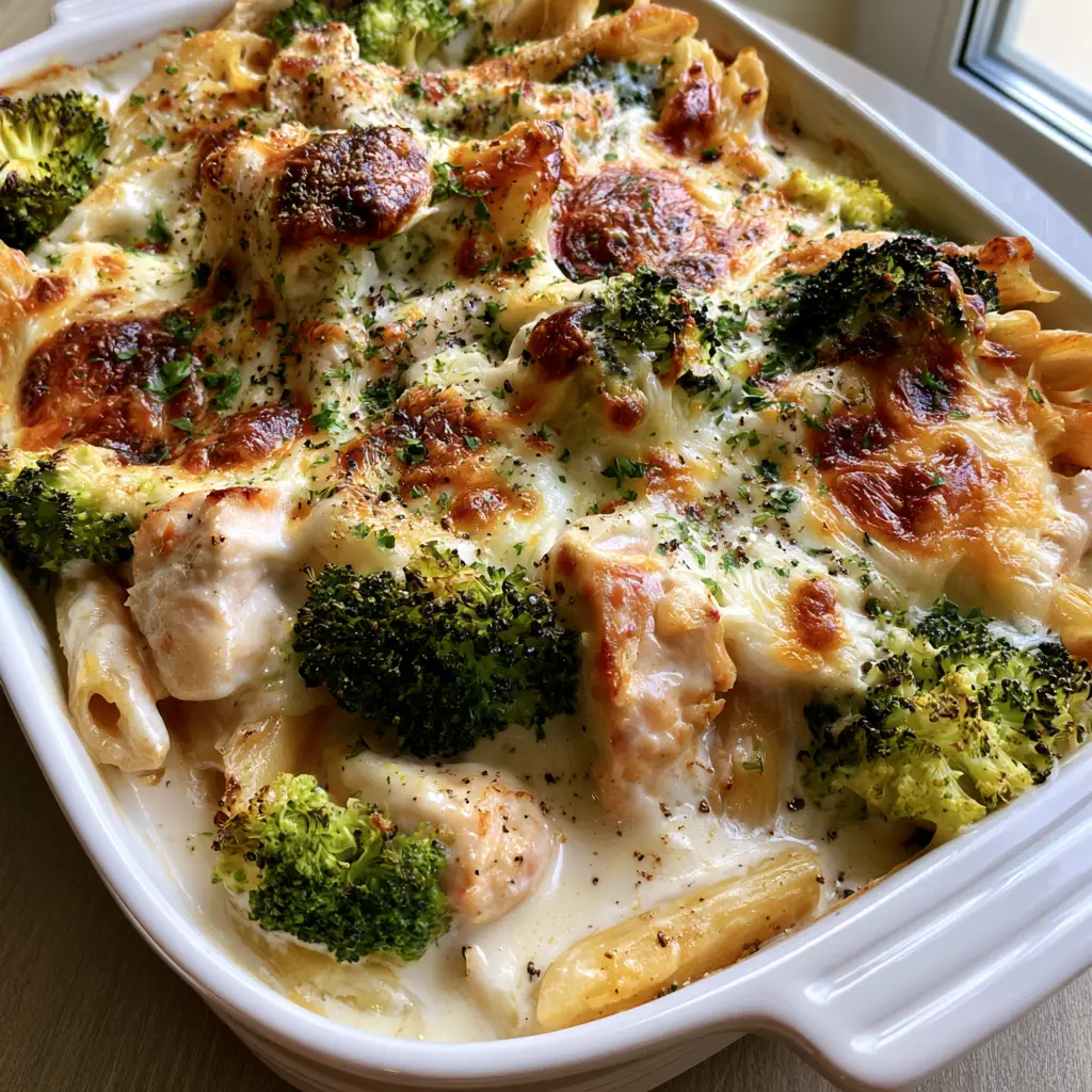 Chicken Alfredo Bake with Broccoli: The Ultimate Cheesy Comfort Food 2 Top-down view of Chicken Alfredo Bake with Broccoli showing vibrant green florets and juicy chicken chunks.