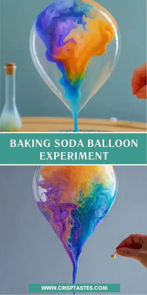 A fully inflated bright latex balloon sitting atop a plastic bottle during a Baking Soda Balloon Experiment with thick white foam inside.