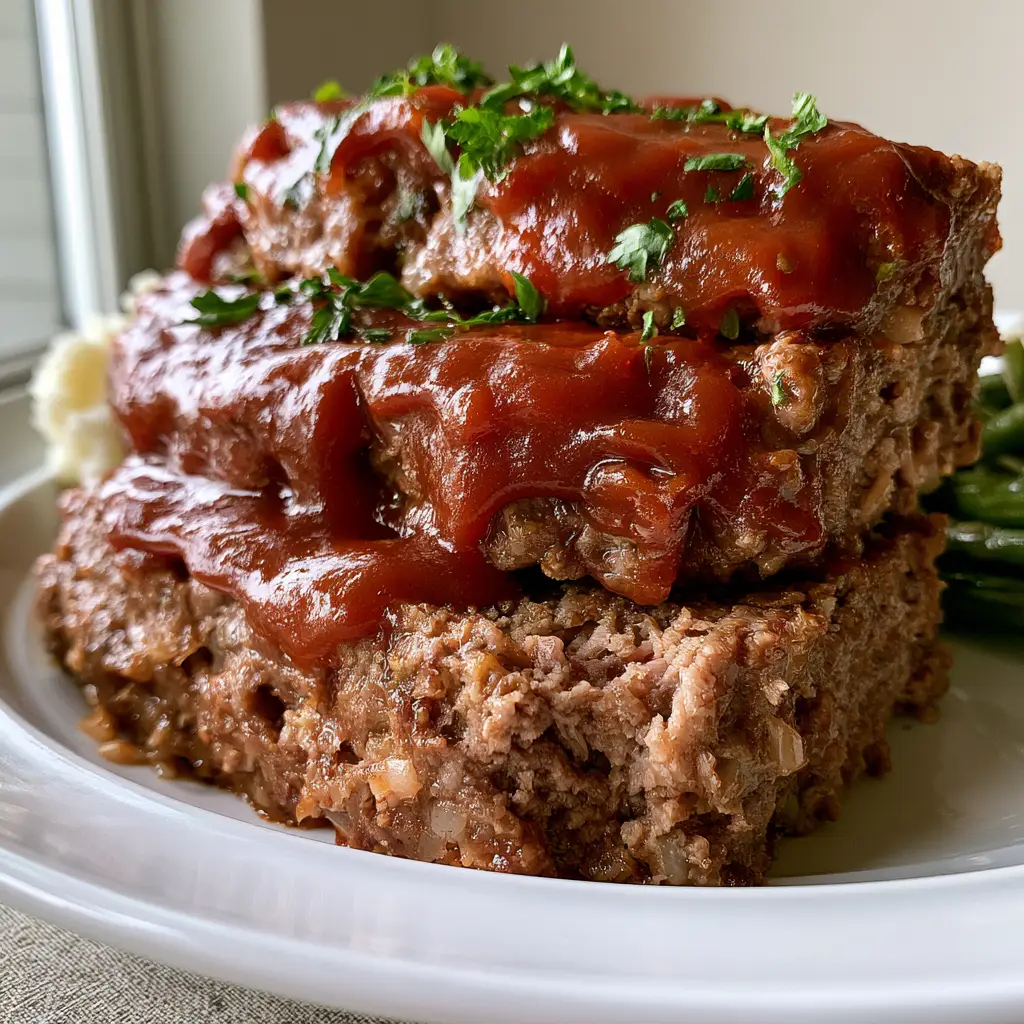 Slices of meatloaf on a white plate with mashed potatoes and green beans in the background. (Amish Meatloaf Recipe)