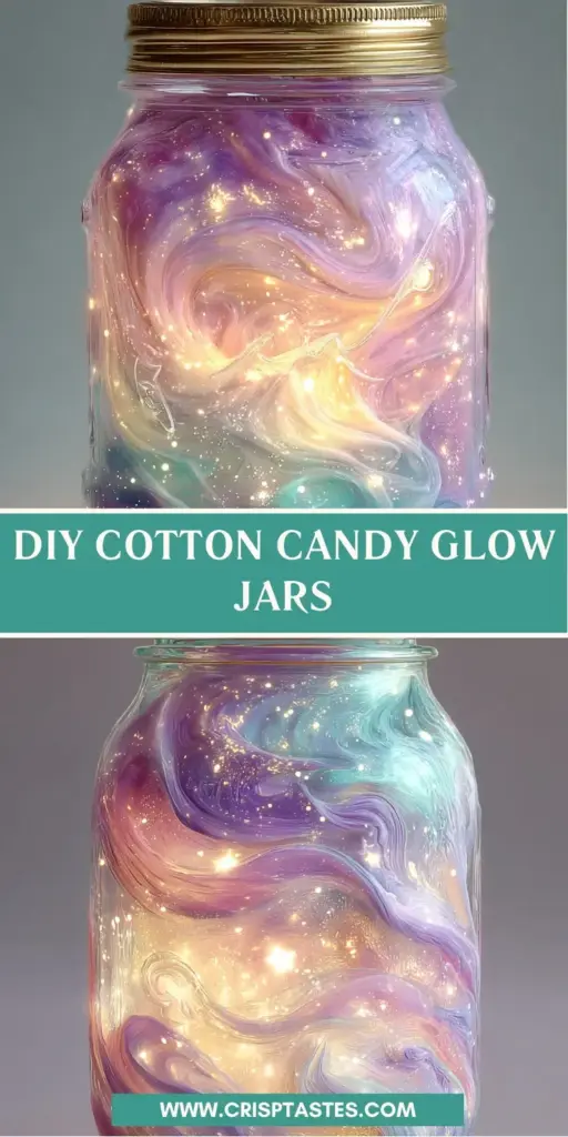 A handheld smartphone photo of DIY Cotton Candy Glow Jars filled with wispy layers of pink and blue glowing cotton and iridescent glitter.
