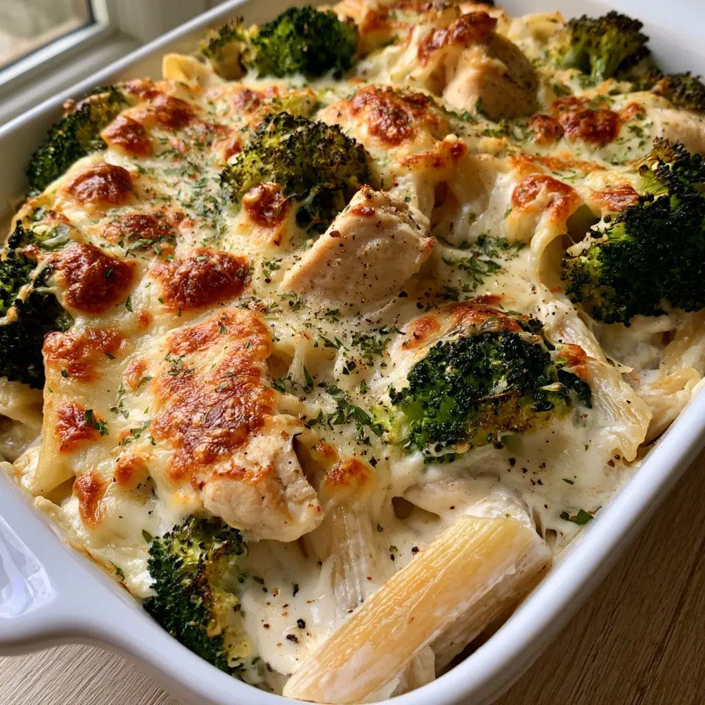 Chicken Alfredo Bake with Broccoli: The Ultimate Cheesy Comfort Food 1 Close-up of melted mozzarella and parmesan cheese with golden-brown charred spots on a pasta bake.