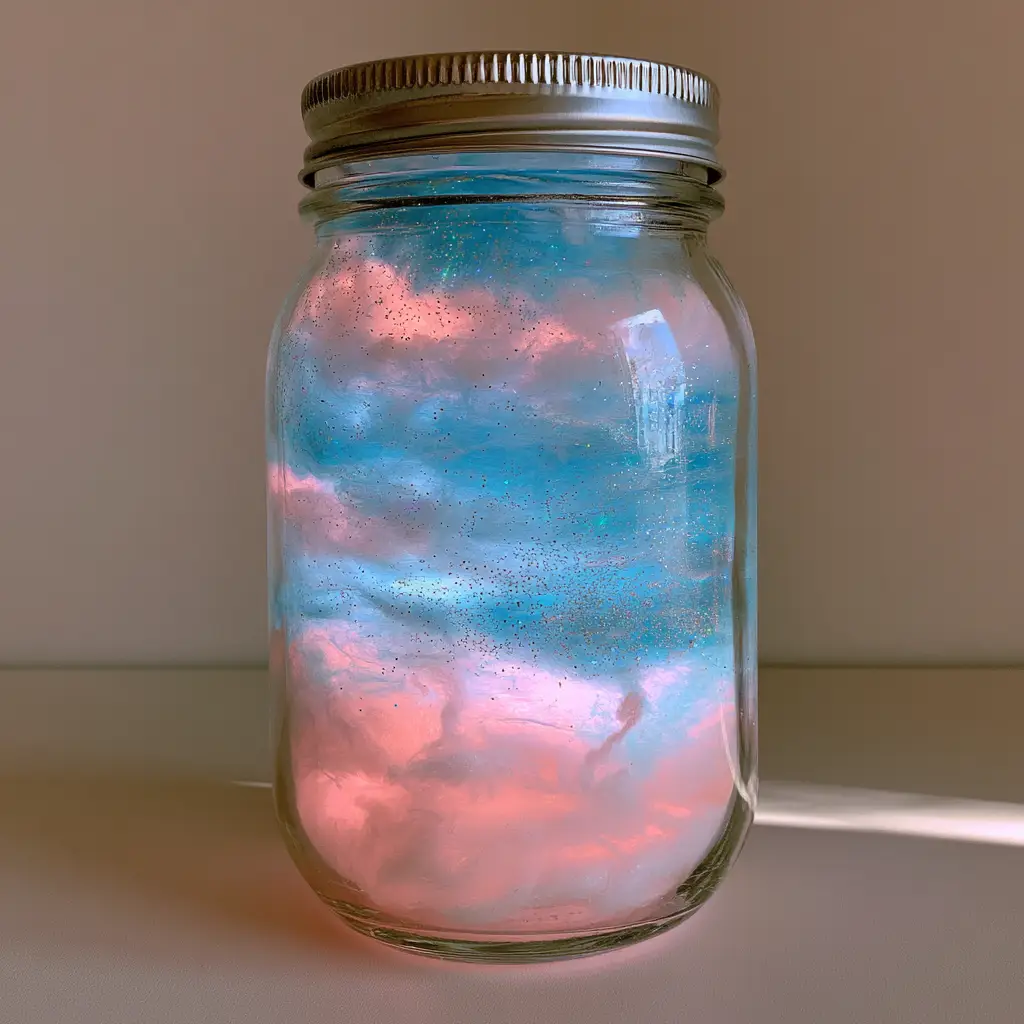 Close up of the wispy cloud-like texture inside the DIY Cotton Candy Glow Jars showcasing the neon pink and blue layers.