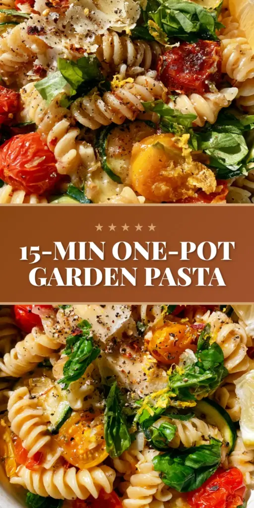 Top-down view of a rustic white pot filled with summer garden pasta, featuring charred tomatoes, zucchini, and torn basil. (summer garden pasta)