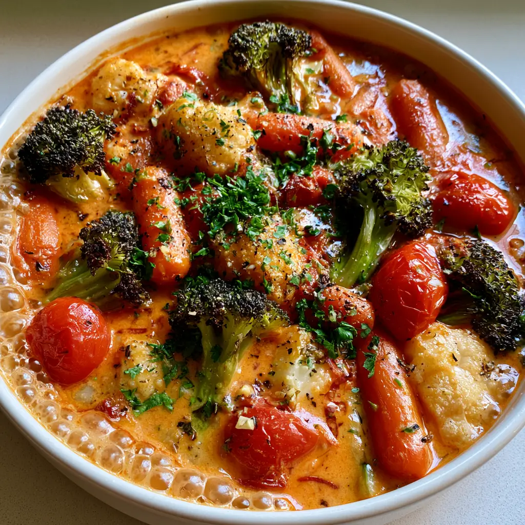 Close up of charred broccoli and burst cherry tomatoes in a Marry Me Roasted Vegetable Bake.