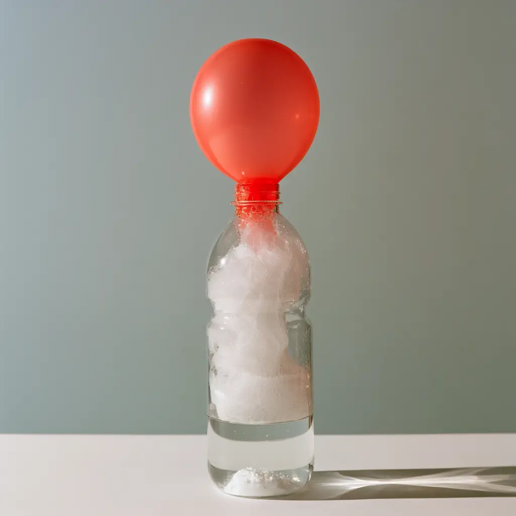 Close up of the fine white powder residue and fizzing foam in a Baking Soda Balloon Experiment.