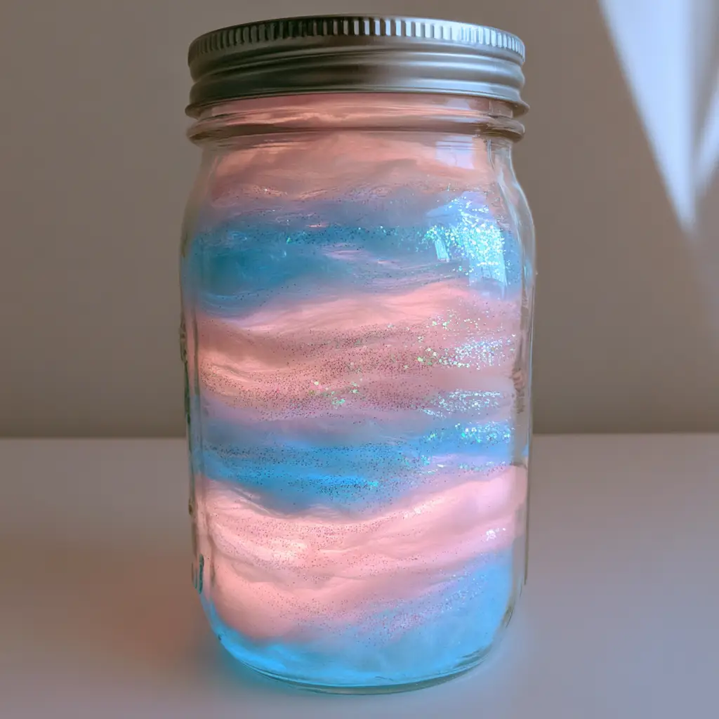 A finished DIY Cotton Candy Glow Jar with a silver metal lid sitting on a neutral surface in soft daylight.