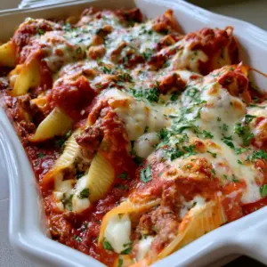 Close up of jumbo pasta shells filled with ground beef and ricotta topped with toasted mozzarella spots. (Ground Beef Stuffed Shells)