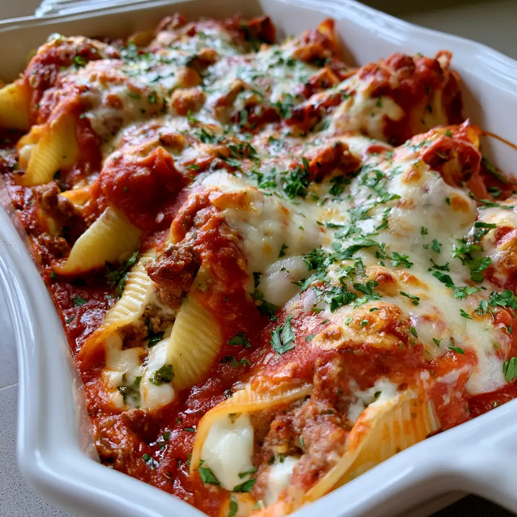 Ground Beef Stuffed Shells with Bubbly Mozzarella 2 Close up of jumbo pasta shells filled with ground beef and ricotta topped with toasted mozzarella spots. (Ground Beef Stuffed Shells)