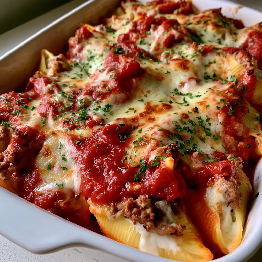 Ground Beef Stuffed Shells with Bubbly Mozzarella 1 Ground Beef Stuffed Shells in a white rectangular ceramic baking dish with fresh parsley garnish.