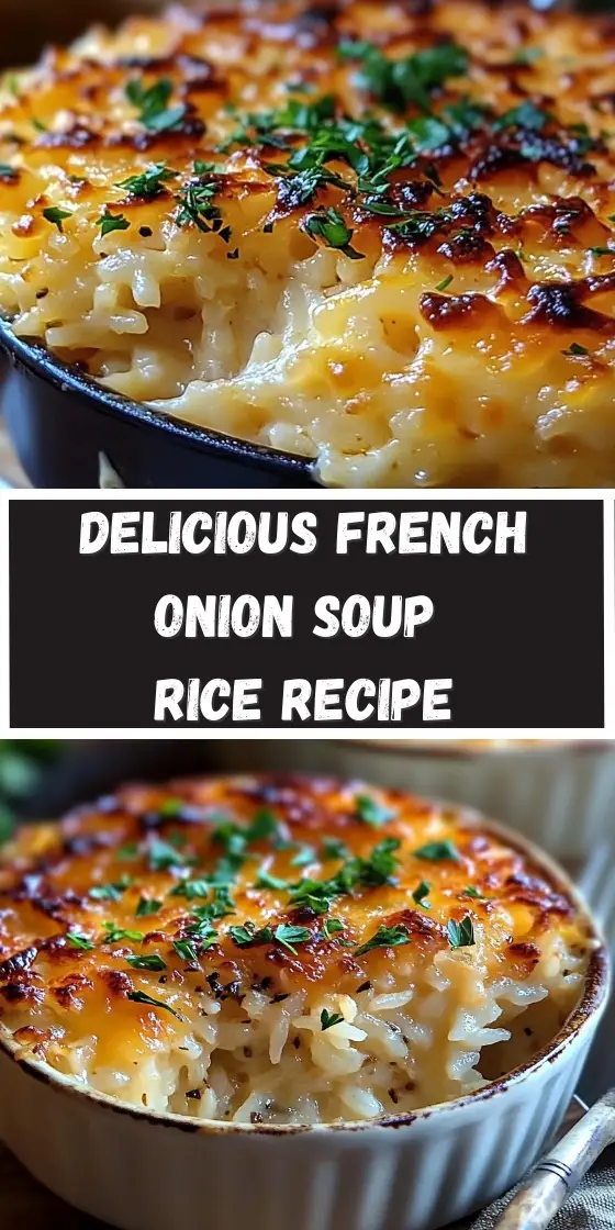 Close-up of golden brown melted cheese topping on a bed of French Onion Rice.