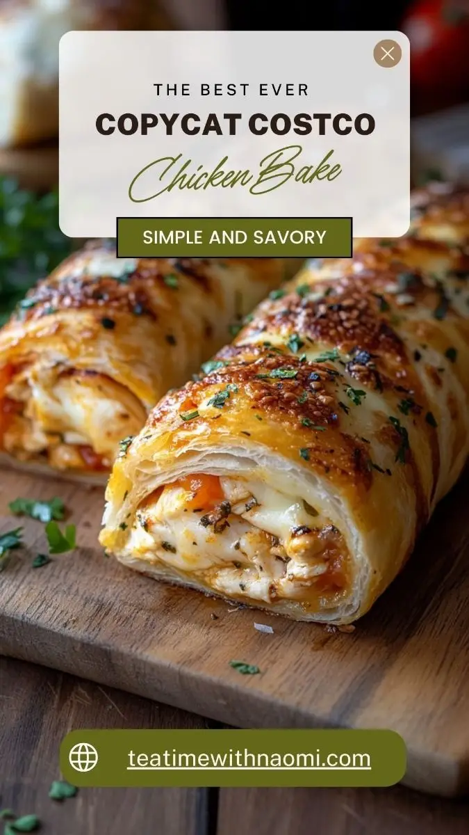 Close-up of a sliced Costco Chicken Bake on a wooden board showing creamy Caesar sauce and chicken layers. (Costco Chicken Bake)