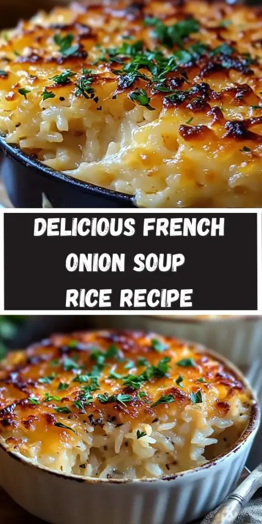French Onion Rice garnished with fresh thyme sprigs in a rectangular baking dish.