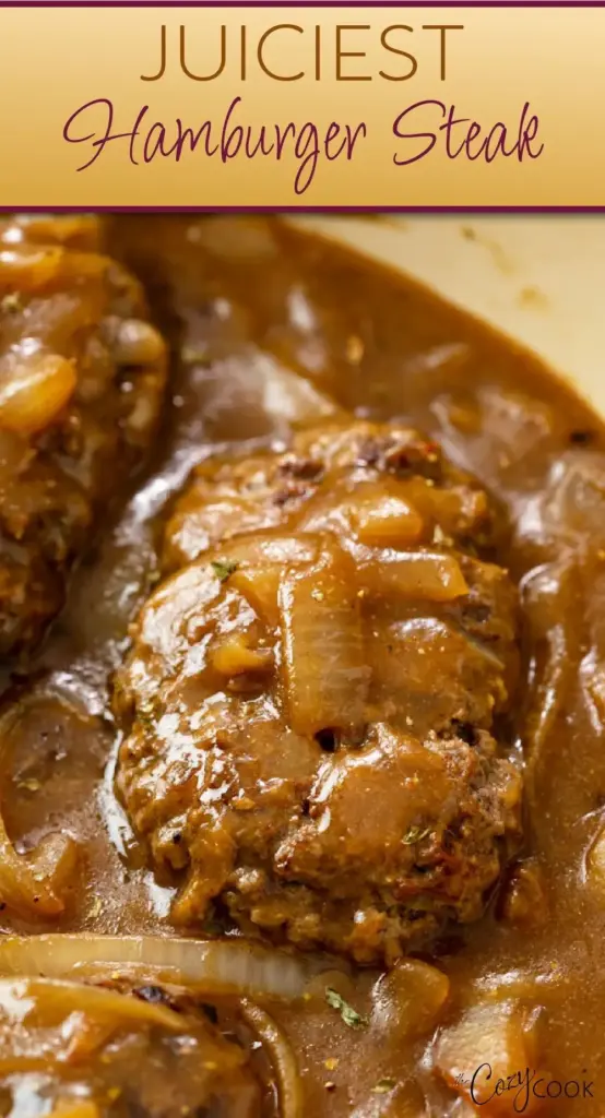 Hamburger Steak with Brown Gravy: The Ultimate Comfort Food Guide 2 Two seared oval beef patties on a white plate covered in glossy brown onion gravy. (Hamburger Steak with Brown Gravy)