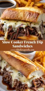 Close up of dark brown shredded beef overflowing from a toasted hoagie roll for a Slow Cooker French Dip.