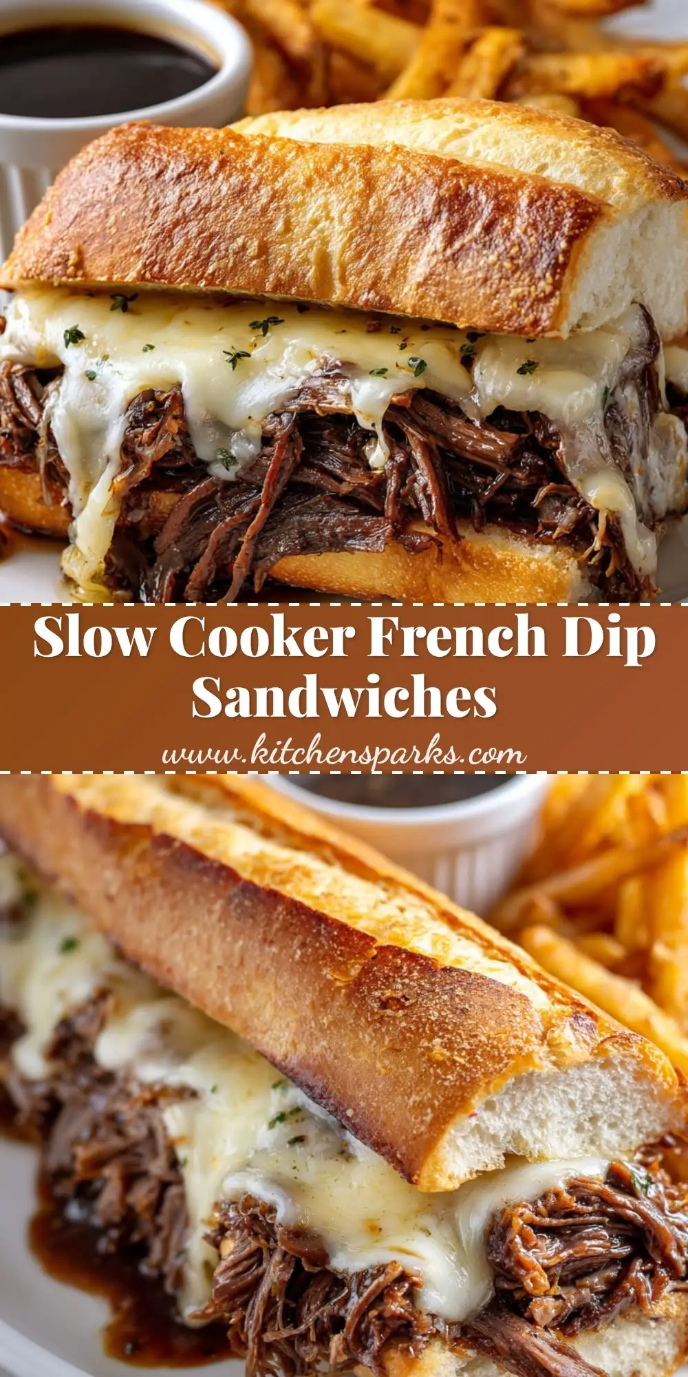 Close up of dark brown shredded beef overflowing from a toasted hoagie roll for a Slow Cooker French Dip.