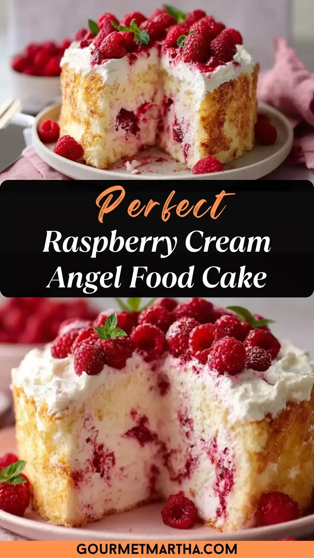 Side view of a Raspberry Cream Angel Food Cake showing rustic whipped cream peaks and a ring of vibrant red raspberries.