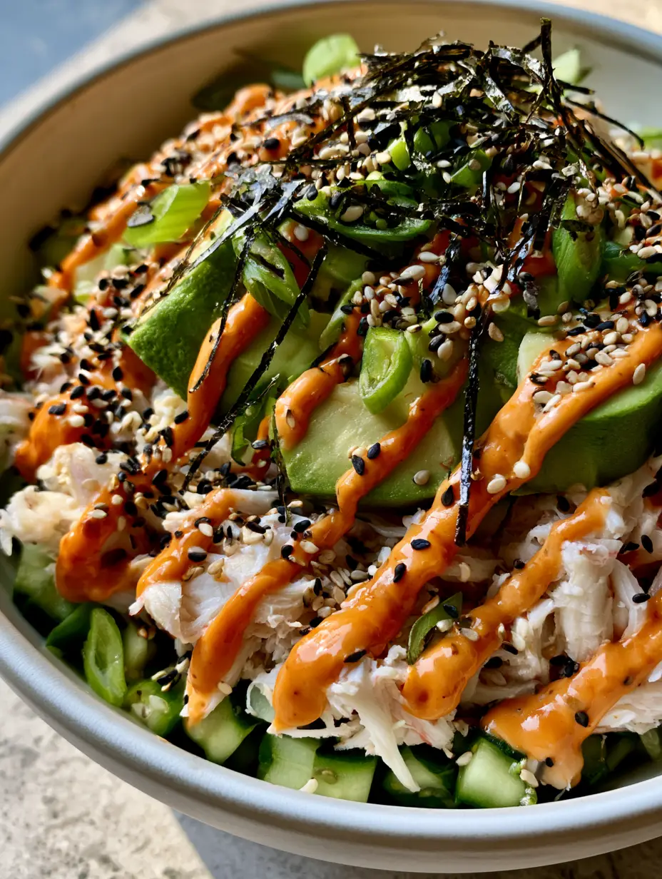 Close up of crisp diced English cucumbers and flaky imitation crab for the california roll cucumber salad. (california roll cucumber salad)