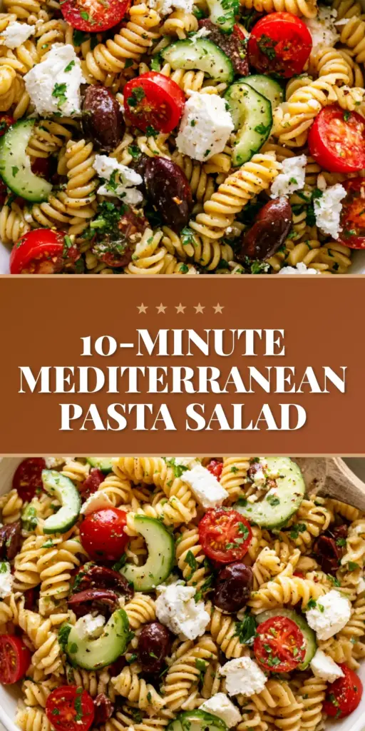 A handheld smartphone photo looking down into a large white ceramic bowl filled with summer pasta salad, rotini, tomatoes, and feta. (summer pasta salad)