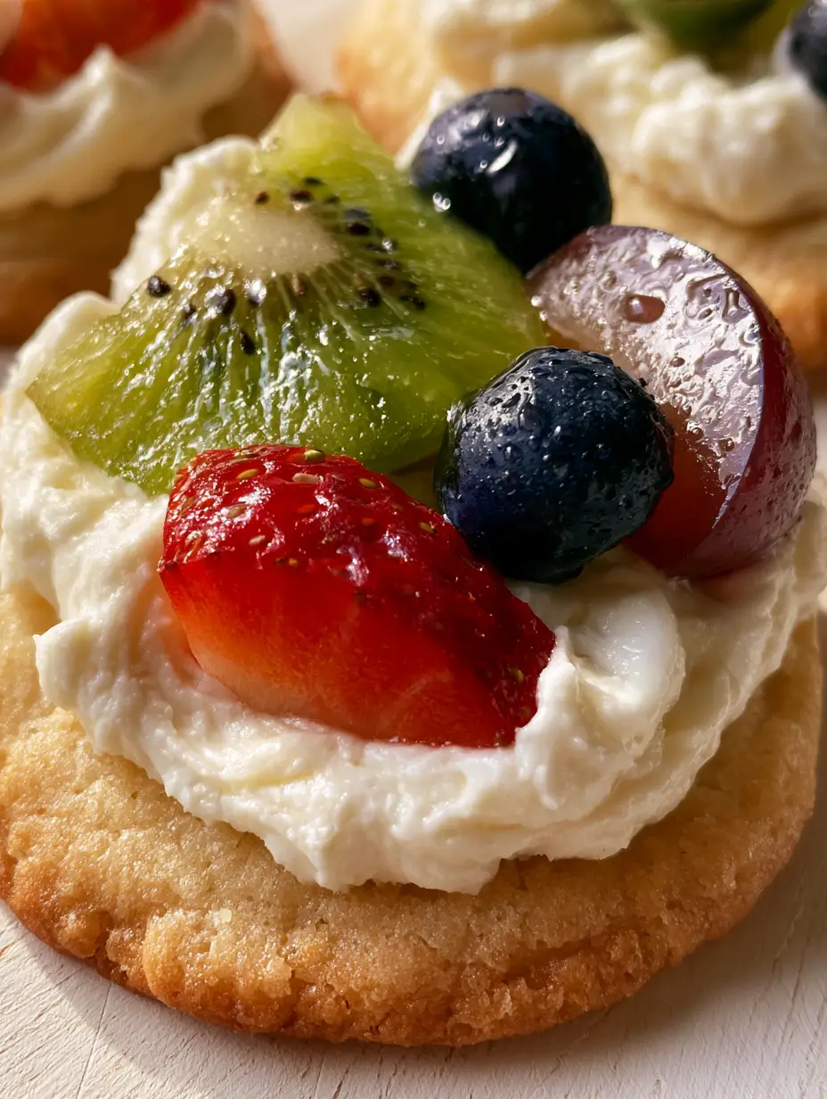 Close-up of golden-brown sugar cookie rounds for Mini Fruit Pizzas cooling on a light wooden surface.