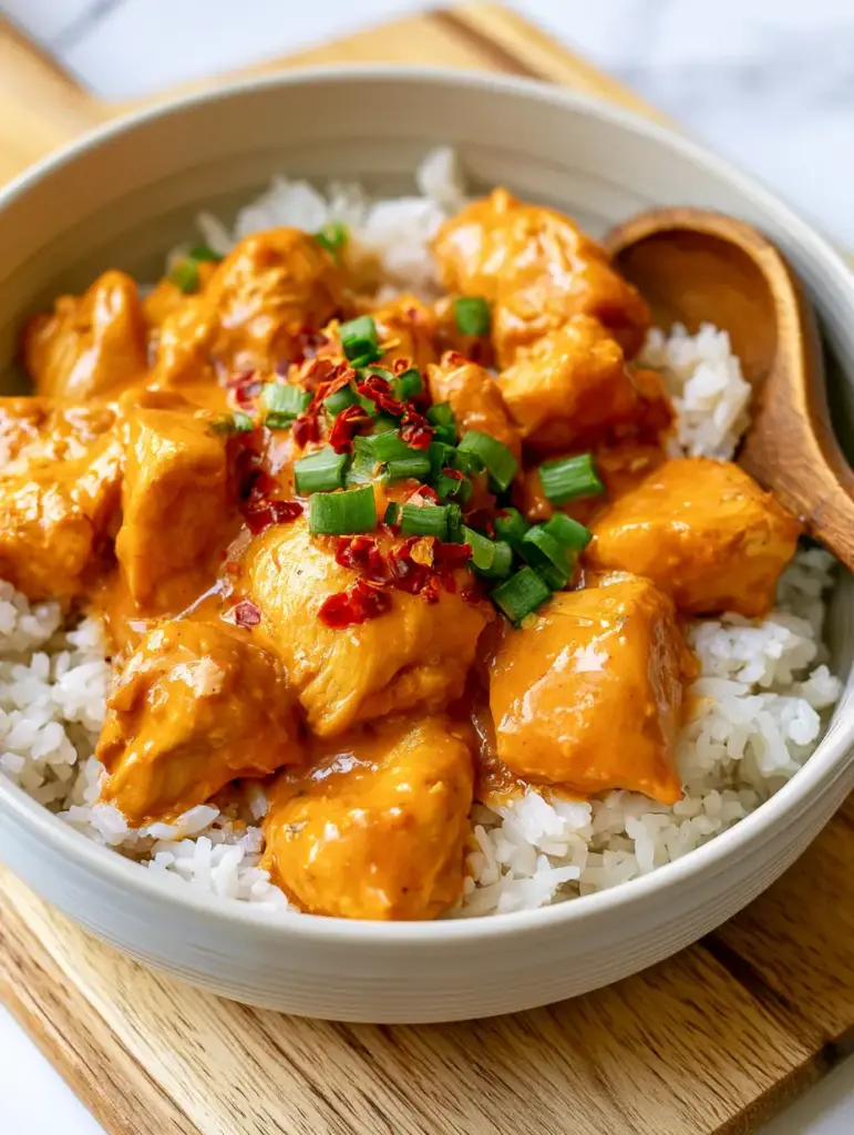 Coconut Chicken Rice Bowl: The Ultimate Creamy and Golden Pan-Seared Guide 2 Close-up of golden-brown pan-seared chicken cubes drizzled with vibrant pale-orange coconut curry sauce in a Coconut Chicken Rice Bowl.