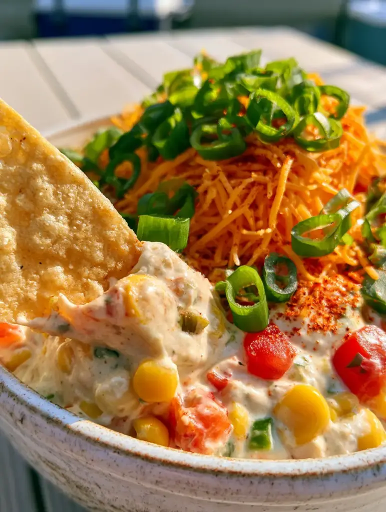 Overhead view of Boat dip featuring red-orange taco seasoning dusting and fresh scallions.
