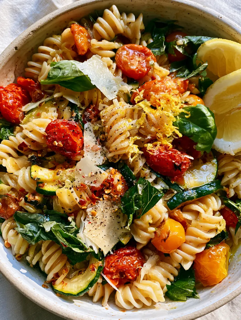 Close up of blistered red and yellow cherry tomatoes and sautéed zucchini in a glossy pasta sauce. (summer garden pasta)