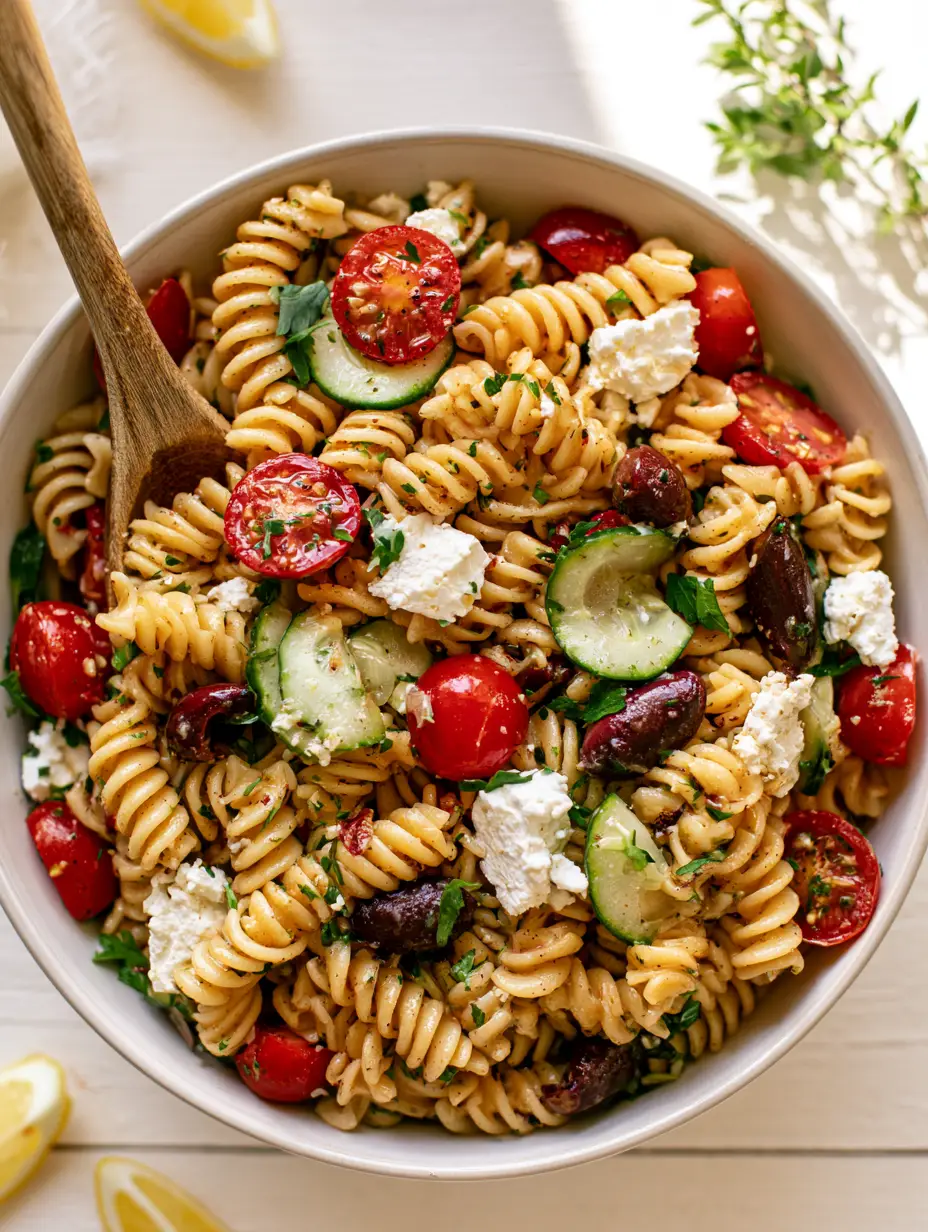 Close up of rotini spirals coated in a translucent lemon dressing with red onions and parsley. (summer pasta salad)