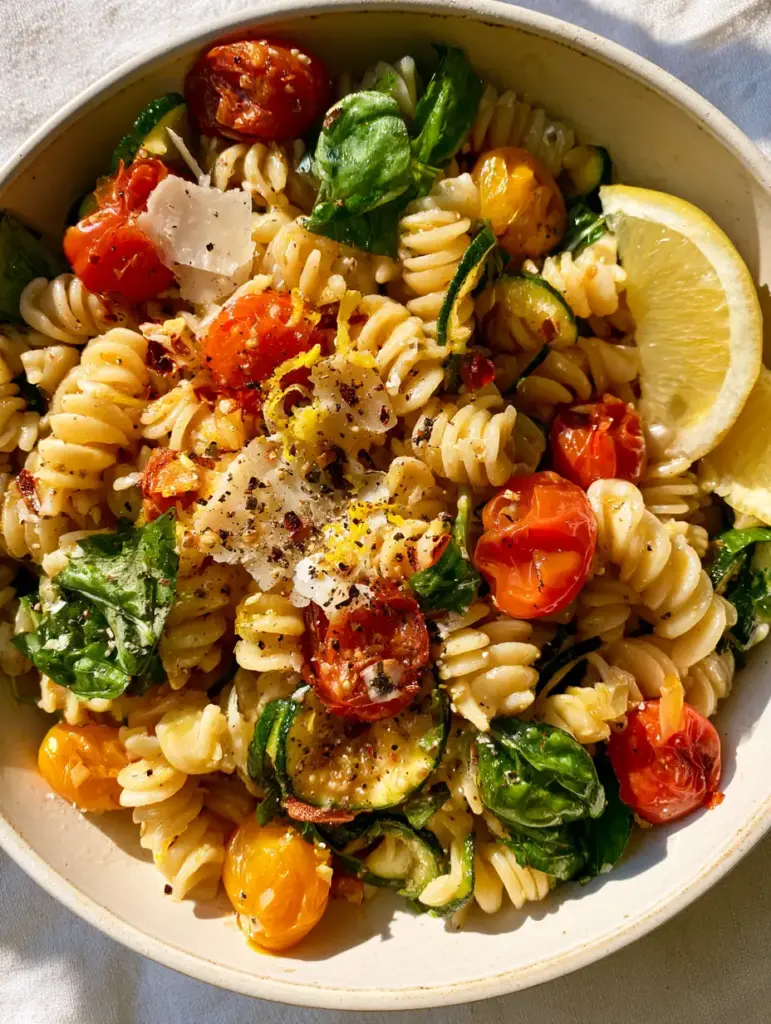 A shallow ceramic pot of fusilli pasta garnished with emerald green basil and shaved parmesan. (summer garden pasta)