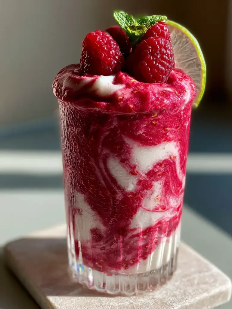 Close up of a raspberry colada twist with condensation droplets on a ribbed glass and a mint sprig garnish.