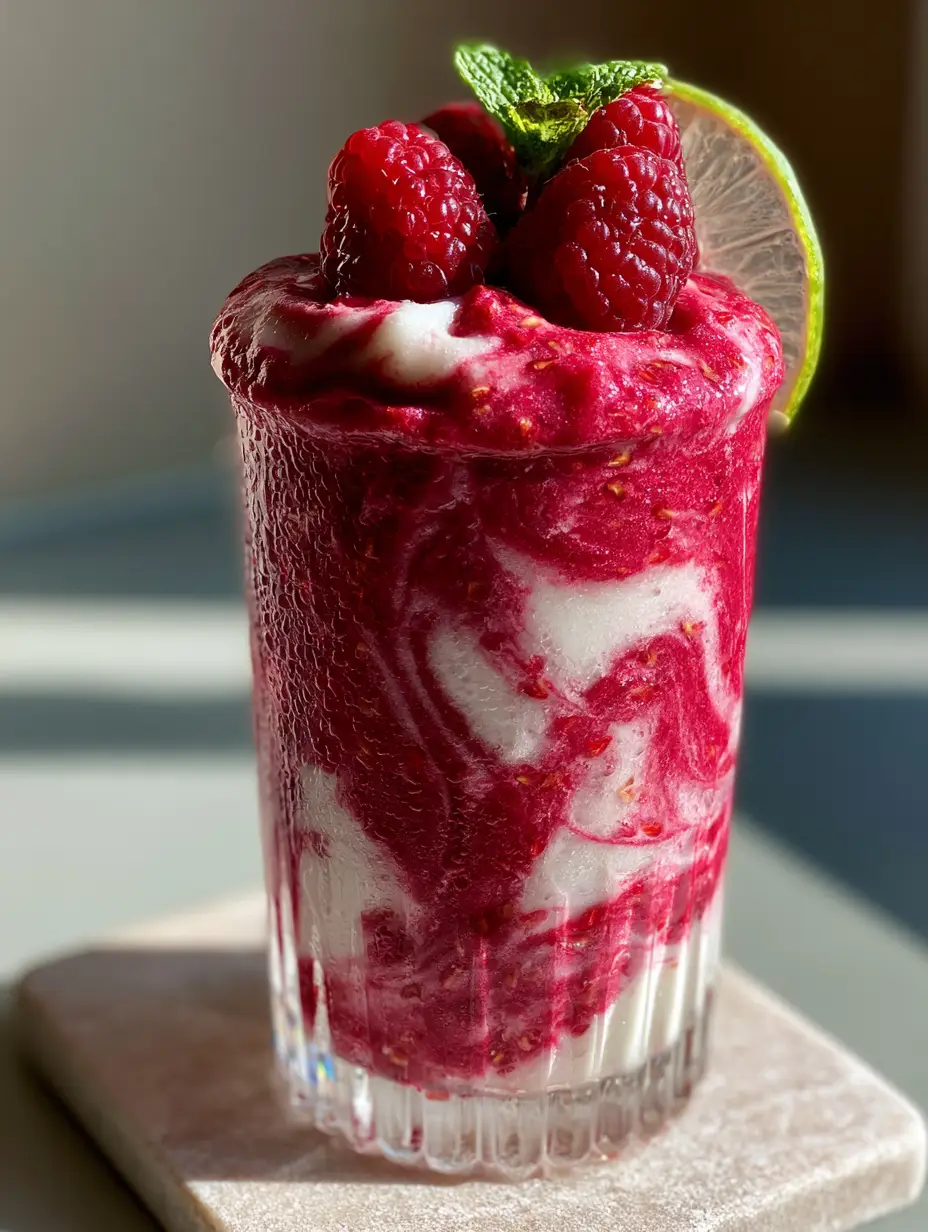 raspberry colada twist: The Ultimate Frozen Tropical Escape 4 Close up of a raspberry colada twist with condensation droplets on a ribbed glass and a mint sprig garnish.