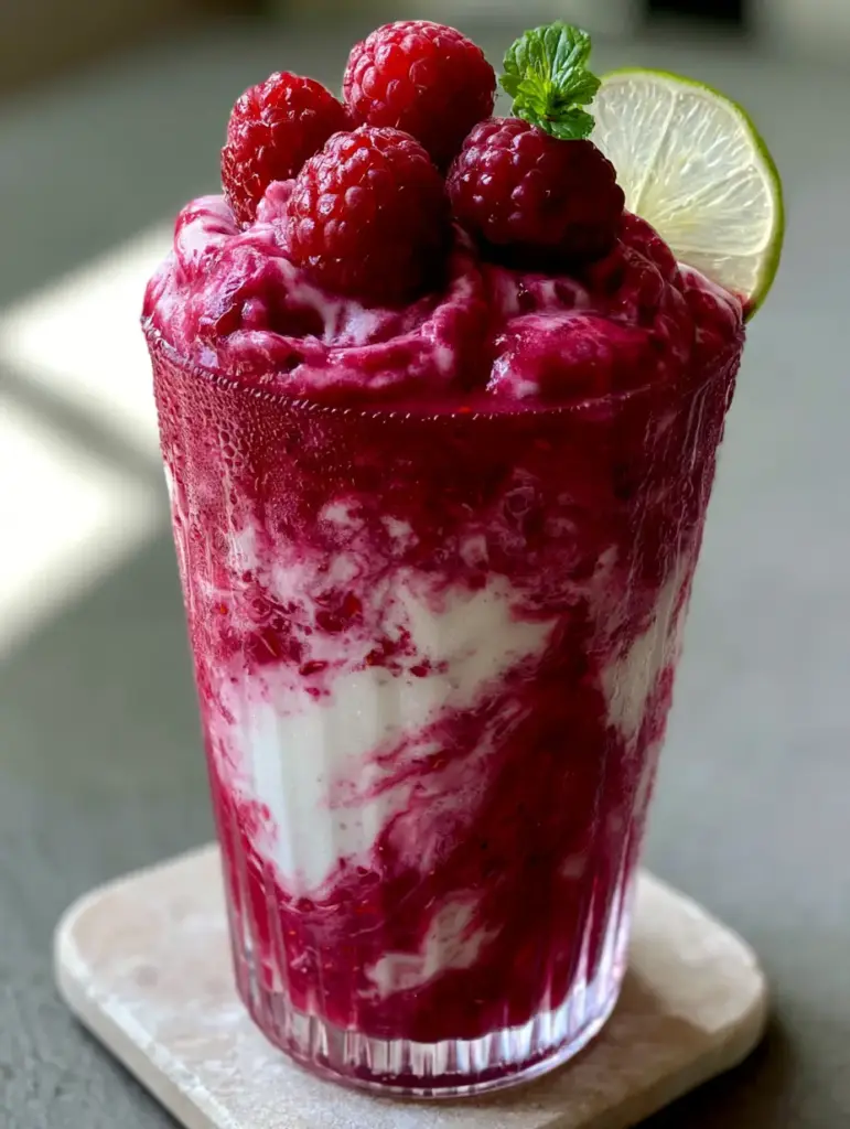 raspberry colada twist: The Ultimate Frozen Tropical Escape 1 A side view of the raspberry colada twist sitting on a light stone coaster in natural afternoon sunlight.