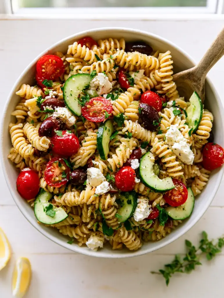 A vibrant display of cherry tomatoes, cucumbers, and feta cheese layered over pasta. (summer pasta salad)
