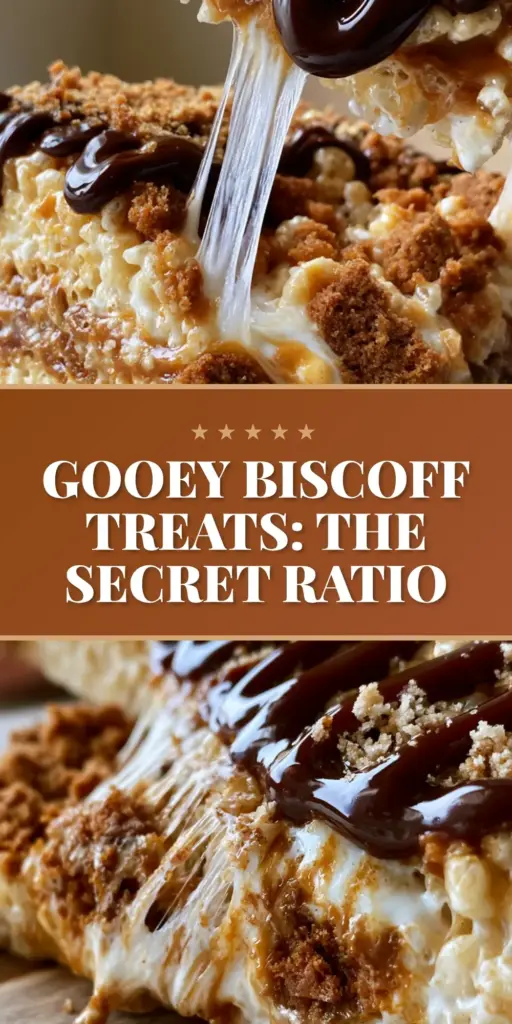Biscoff Rice Krispie Treats: The Ultimate Gooey Speculoos Bars 4 A thick Biscoff Rice Krispie Treat being pulled apart to show a long, stretchy marshmallow pull against a rustic background. (Biscoff Rice Krispie Treats)