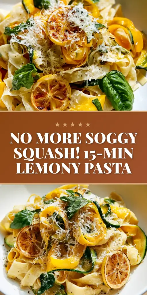 Lemony Summer Squash Pasta with Shaved Zucchini and Charred Lemon 3 A handheld photo of a ceramic bowl filled with lemony summer squash pasta, showing translucent zucchini ribbons, charred lemon wheels, and micro-planed parmesan.
