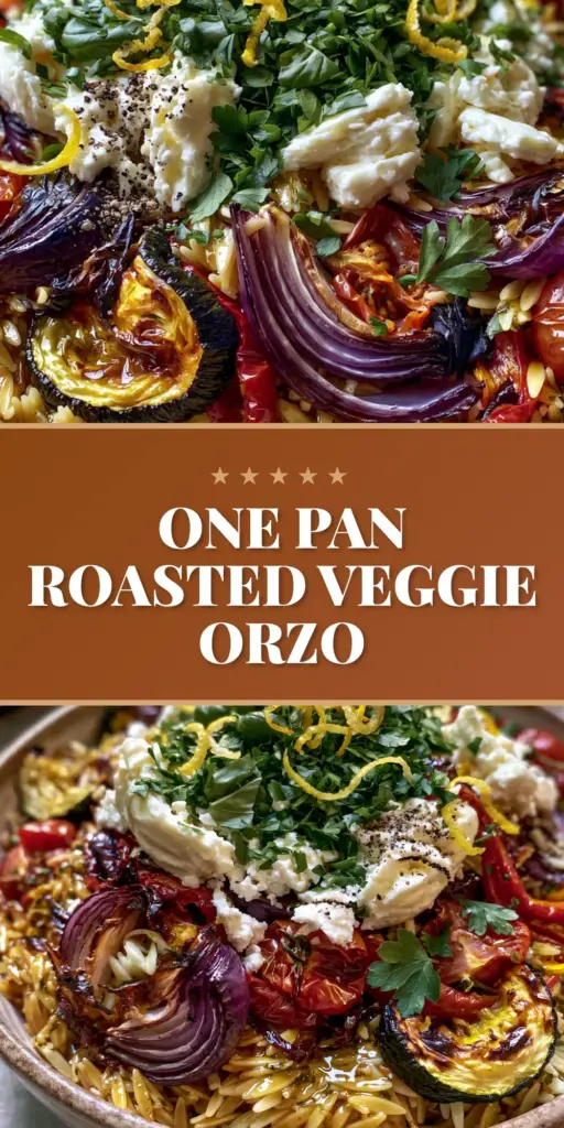 A rustic ceramic bowl filled with roasted vegetable orzo featuring charred zucchini, blistered tomatoes, and creamy feta. (roasted vegetable orzo)