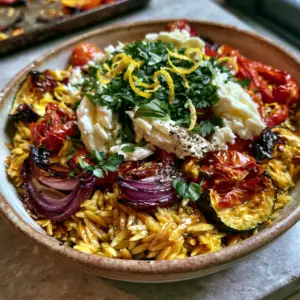 Top-down view of roasted vegetable orzo with split cherry tomatoes and caramelized onions. (roasted vegetable orzo)