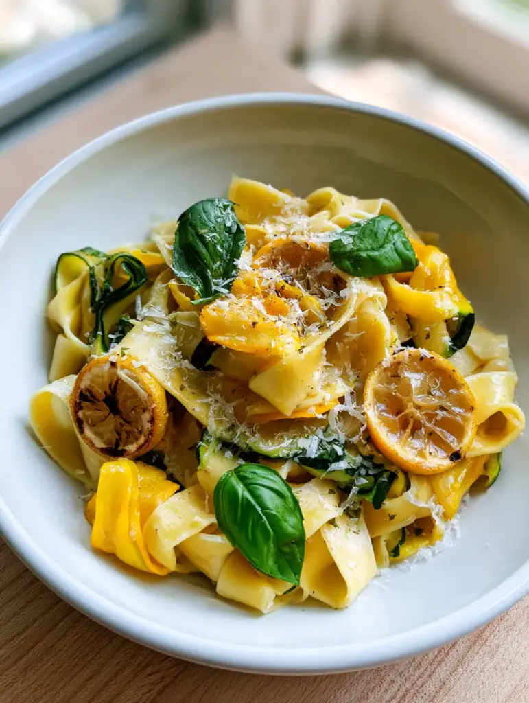 Lemony Summer Squash Pasta with Shaved Zucchini and Charred Lemon 2 Top-down view of lemony summer squash pasta with vibrant green basil and red pepper flakes in a matte bowl.