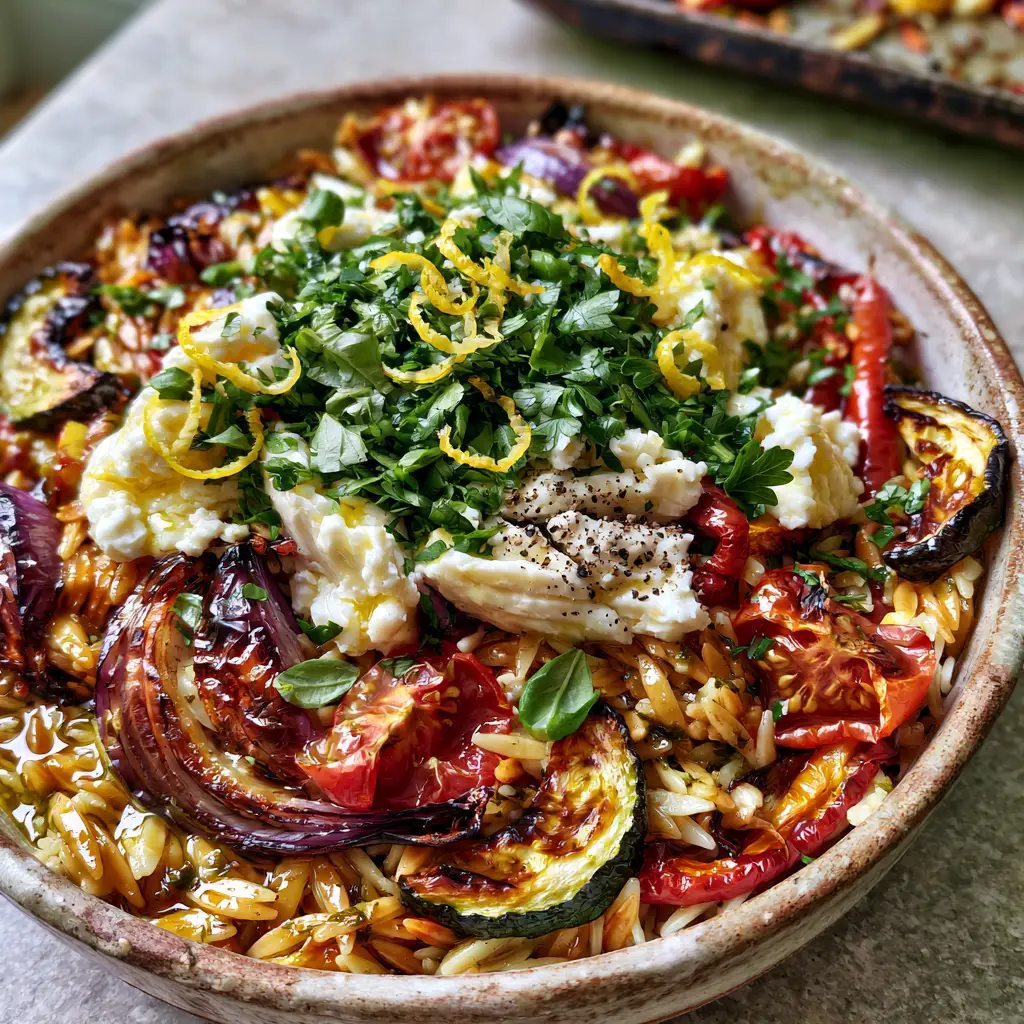 Rustic ceramic bowl of golden-brown orzo pasta glistening with lemon glaze and topped with herbs. (roasted vegetable orzo)