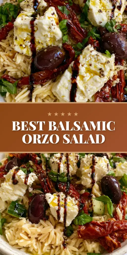 A gourmet balsamic orzo salad with thick balsamic glaze, large feta blocks, and sun-dried tomatoes in a ceramic bowl. (balsamic orzo salad)