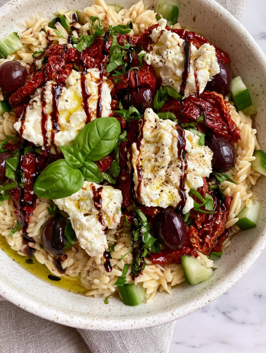 Close up of al dente orzo pearls glistening with olive oil and topped with basil. (balsamic orzo salad)