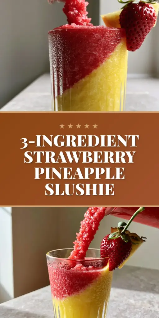 A tall ribbed glass filled with dual-toned pineapple strawberry slushies showing distinct red and yellow layers, garnished with a fresh strawberry and pineapple wedge.