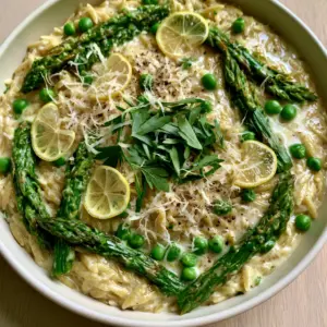 Overhead shot of ivory orzo with vibrant green asparagus tips and peas in a glossy cream sauce. (orzo with asparagus and peas)