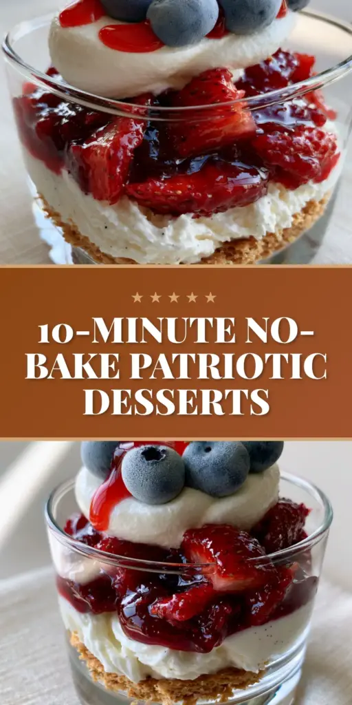 An elegant glass dessert cup showing distinct red, white, and blue layers for No-Bake Fourth of July Desserts.