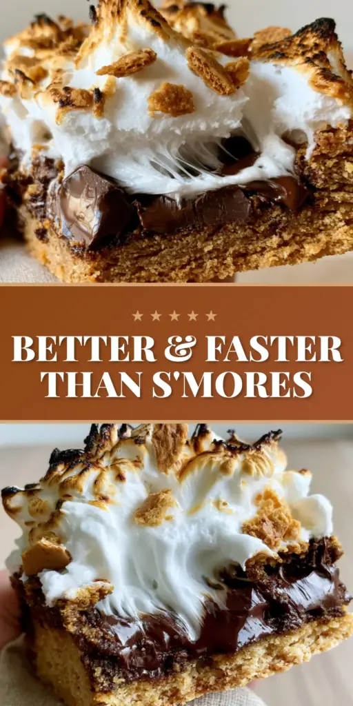 S’more Bars with Toasted Marshmallow Fluff and Dark Chocolate Chunks 4 A stack of s'more bars with toasted marshmallow peaks and melty chocolate chunks. (s'more bars)