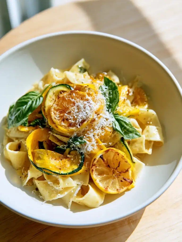 Lemony Summer Squash Pasta with Shaved Zucchini and Charred Lemon 1 Close up of translucent yellow squash ribbons and pasta glistening with lemon-butter emulsion.