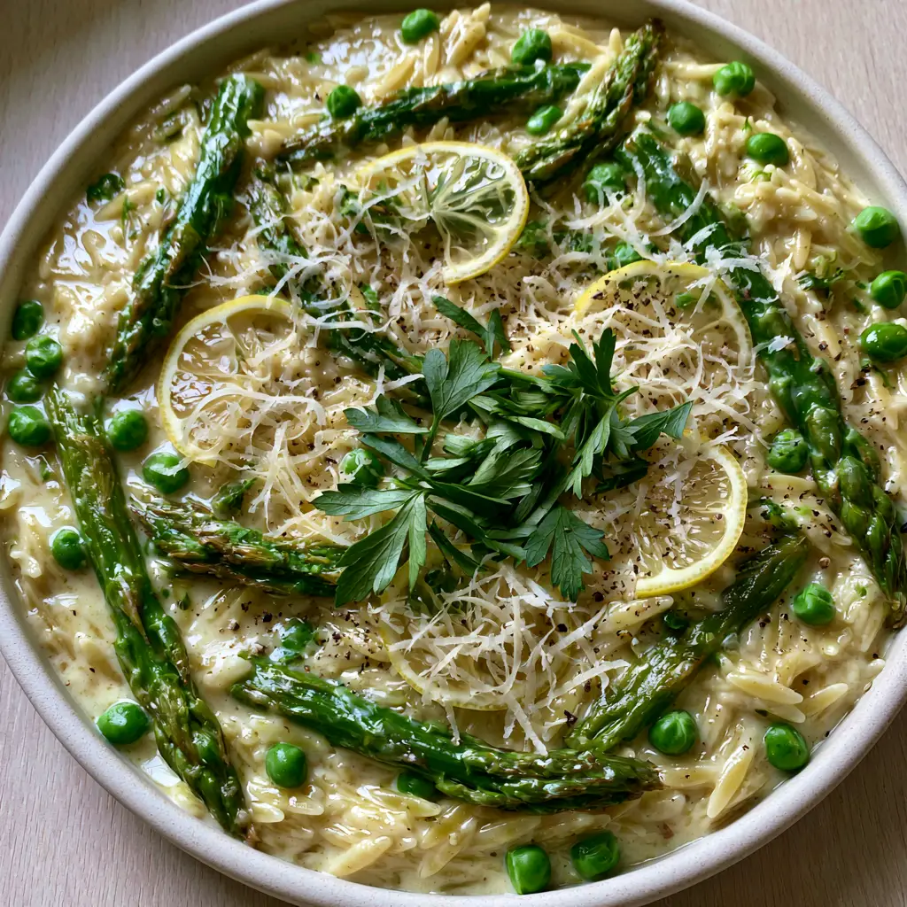 Close up of creamy lemon garlic orzo with translucent lemon slices and fresh parsley.