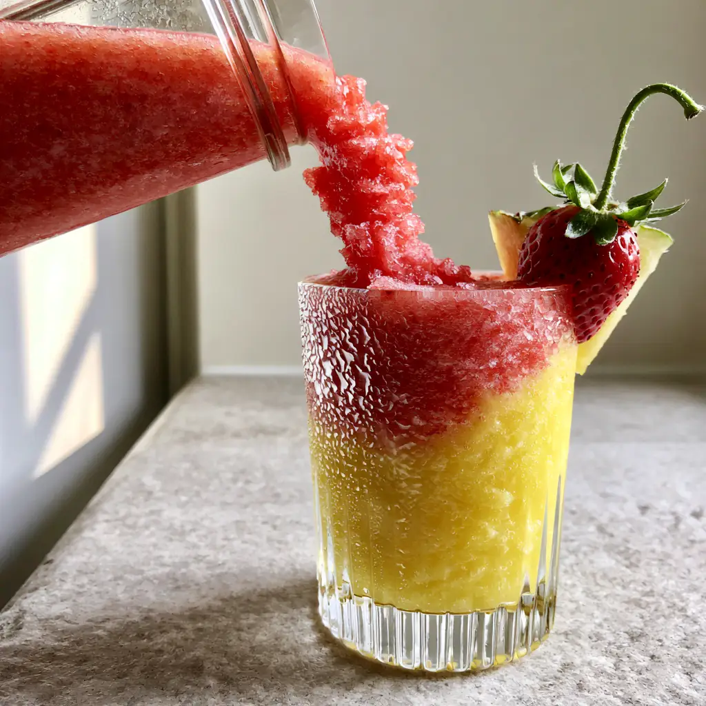 Action shot of vibrant red strawberry mixture being poured into a ribbed glass containing a yellow pineapple strawberry slushies base.