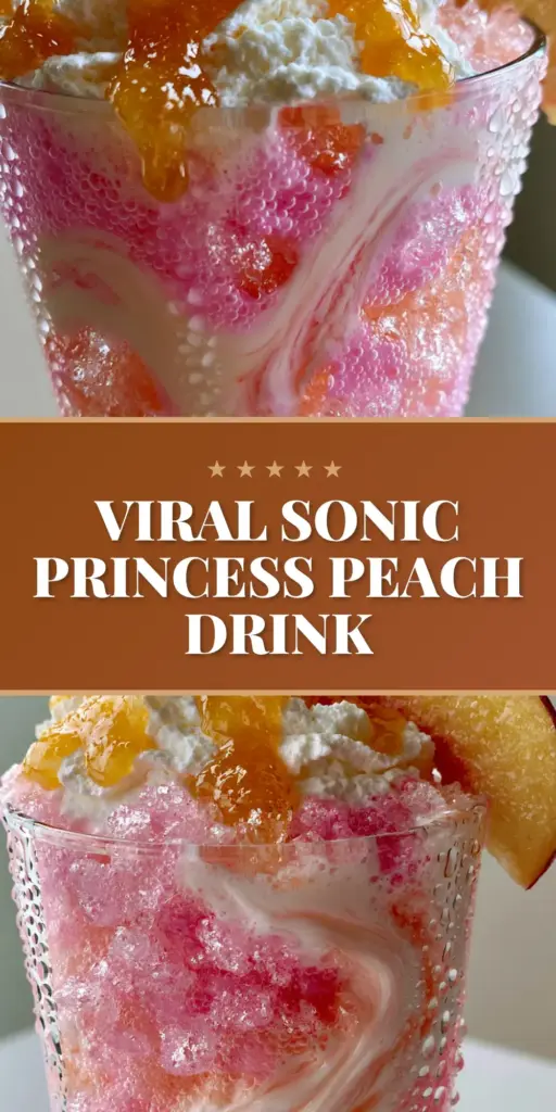 Viral Sonic Princess Peach drink in a tall glass featuring pastel pink soda, heavy cream swirls, and a peach garnish. (Sonic Princess Peach drink)