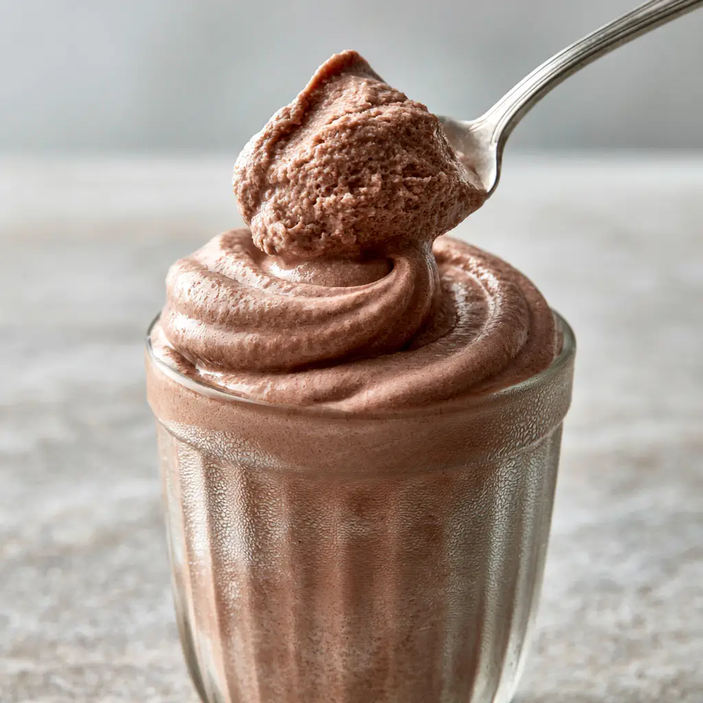 Close-up of a semi-frozen chocolate frosty swirl in a ribbed glass showing smooth texture. (Wendy's Frosty Slushie recipe)